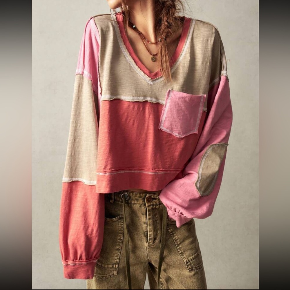 Boho cotton V neck color block blouse - Picture 2 of 8